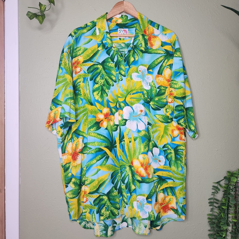 Vintage 80s Jams World Hawaiian Camp Shirt Made in USA Tropical Floral Rayon XL